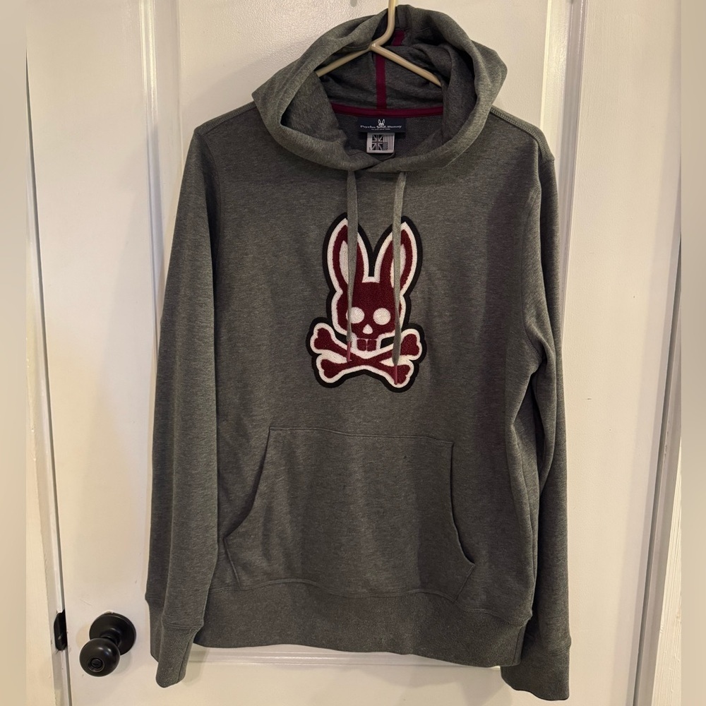 Psycho Bunny Patchin Hoodie Heather Storm Grey Maroon White Small